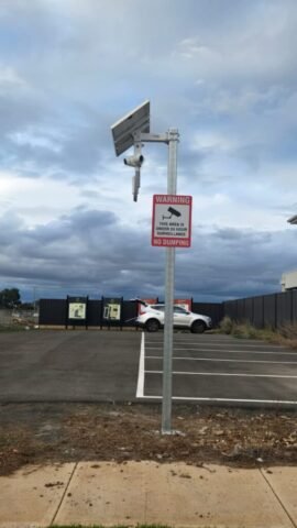 Strathullah-CCTV Project CCTV cameras on a pole with TP-Link solar panel for power and wireless devices for communication to stop illegal dumping